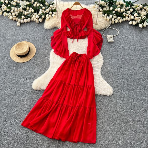 Women's French Style Red Ruffled Bell Sleeve V Neck Blouse And High Waisted Skirt Set Resort Inspired Two Piece Perfect For Autumn_ecoleips.com