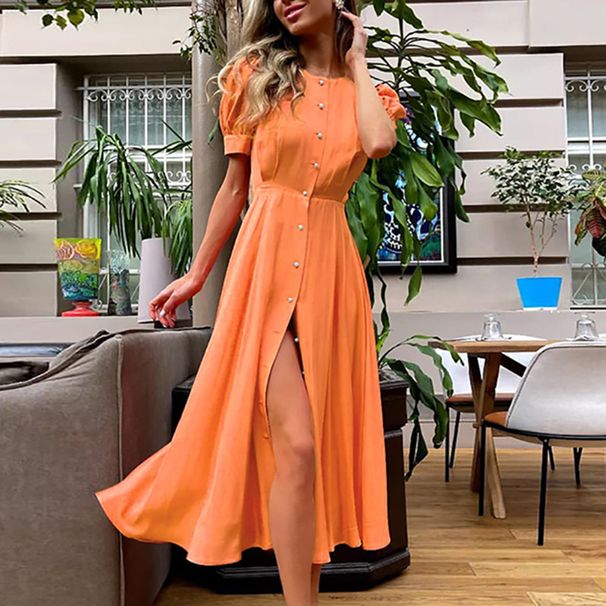 Women's Clothing Summer New Style Pure Color Temperament Slim High Waist Cardigan Button Dress_ecoleips.com