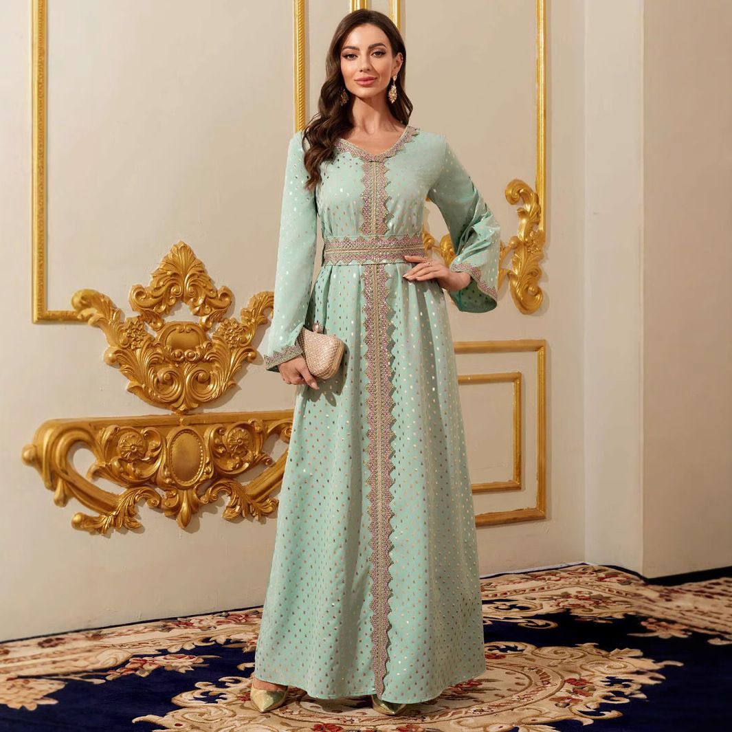Women's Clothing Robe Cross Border Long Sleeved V Neck Dress_ecoleips.com