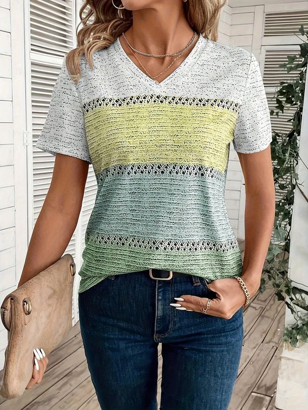 Women's Clothing V Neck Short Sleeved Tops Large Size Contrast Color Matching Print Pullover Versatile T Shirt_ecoleips.com