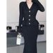 Elegant Long V Neck Fishtail Dress Black Style Knit Plus Size Autumn Winter French Dress For Women_ecoleips.com