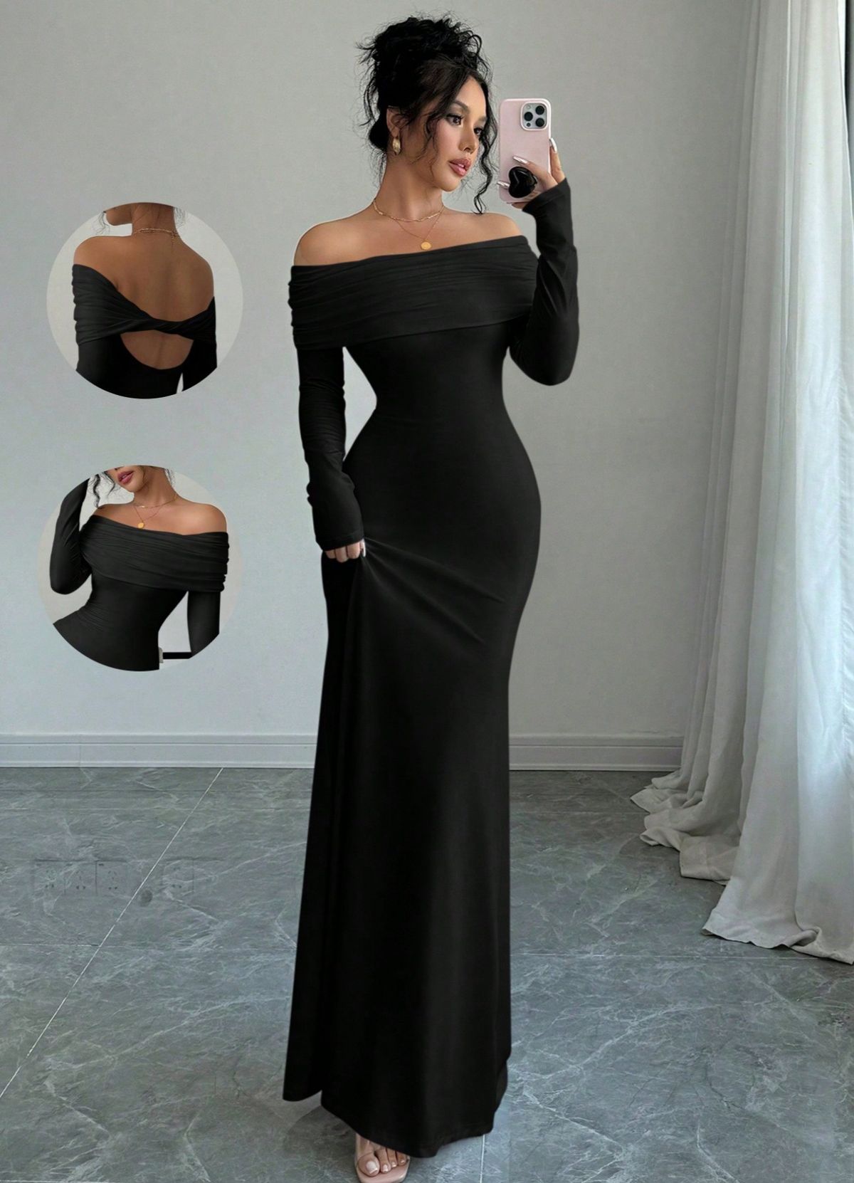 Women's Sexy Off Shoulder Shirred Bodycon Maxi Dress – Elegant Fall Evening Gown 2026_ecoleips.com