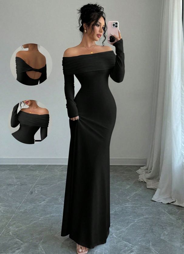 Women's Sexy Off Shoulder Shirred Bodycon Maxi Dress – Elegant Fall Evening Gown 2026_ecoleips.com