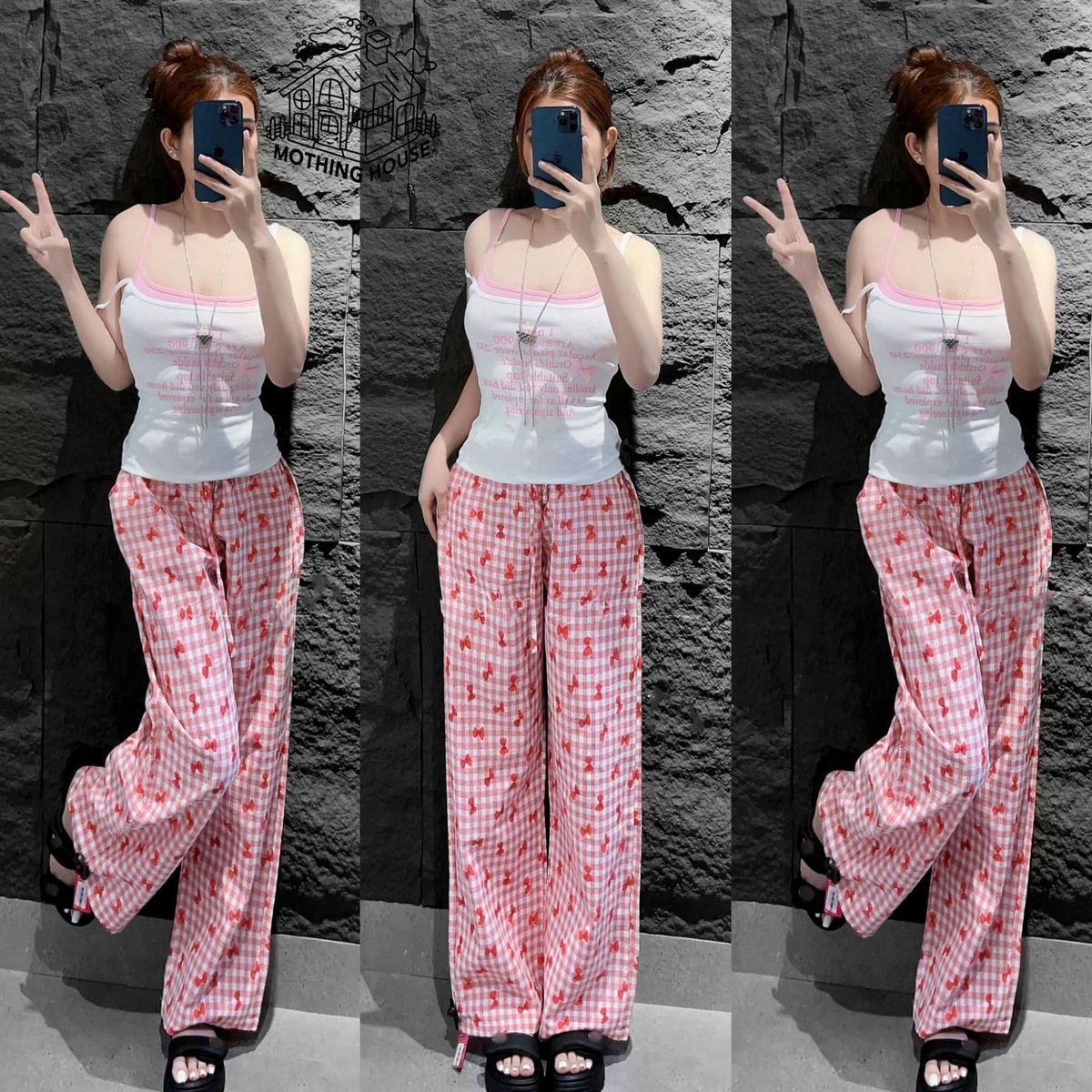 Women's Clothing Women's Sweet Girly Patchwork Suspender Set Plaid Slimming Wide Leg Pants Casual Two Piece Summer Style_ecoleips.com