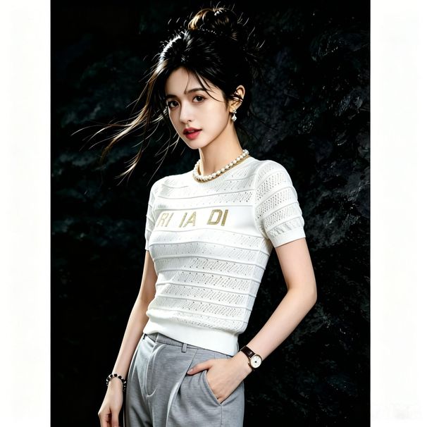 Korean-style Letter-printed Hollow-out Short-sleeve Knit For Women, 2026 Summer New Model, Slim-fit, Chic And Versatile_ecoleips.com