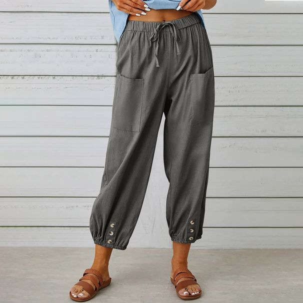 High Waisted Buttoned Cotton Linen Pants For Women Loose Fitting Cropped Wide Leg Casual Versatile Style Design_ecoleips.com