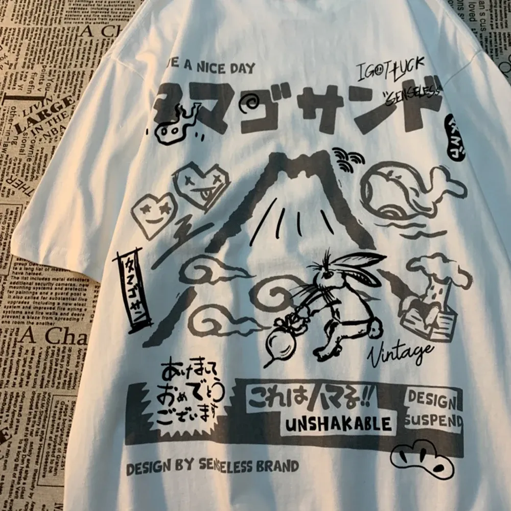 American Rabbit Volcano Retro Cartoon Print Short Sleeve T-shirt Women's Fashion Loose All-match Couple T-shirt Graphic T Shirts_ecoleips.com