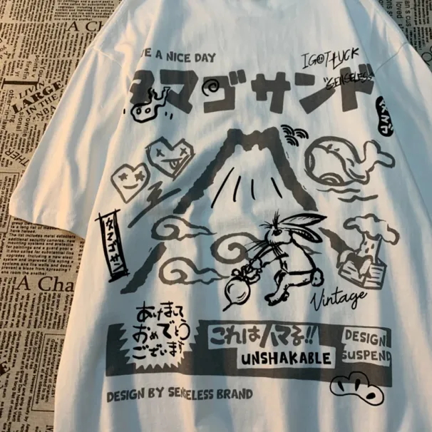 American Rabbit Volcano Retro Cartoon Print Short Sleeve T-shirt Women's Fashion Loose All-match Couple T-shirt Graphic T Shirts_ecoleips.com