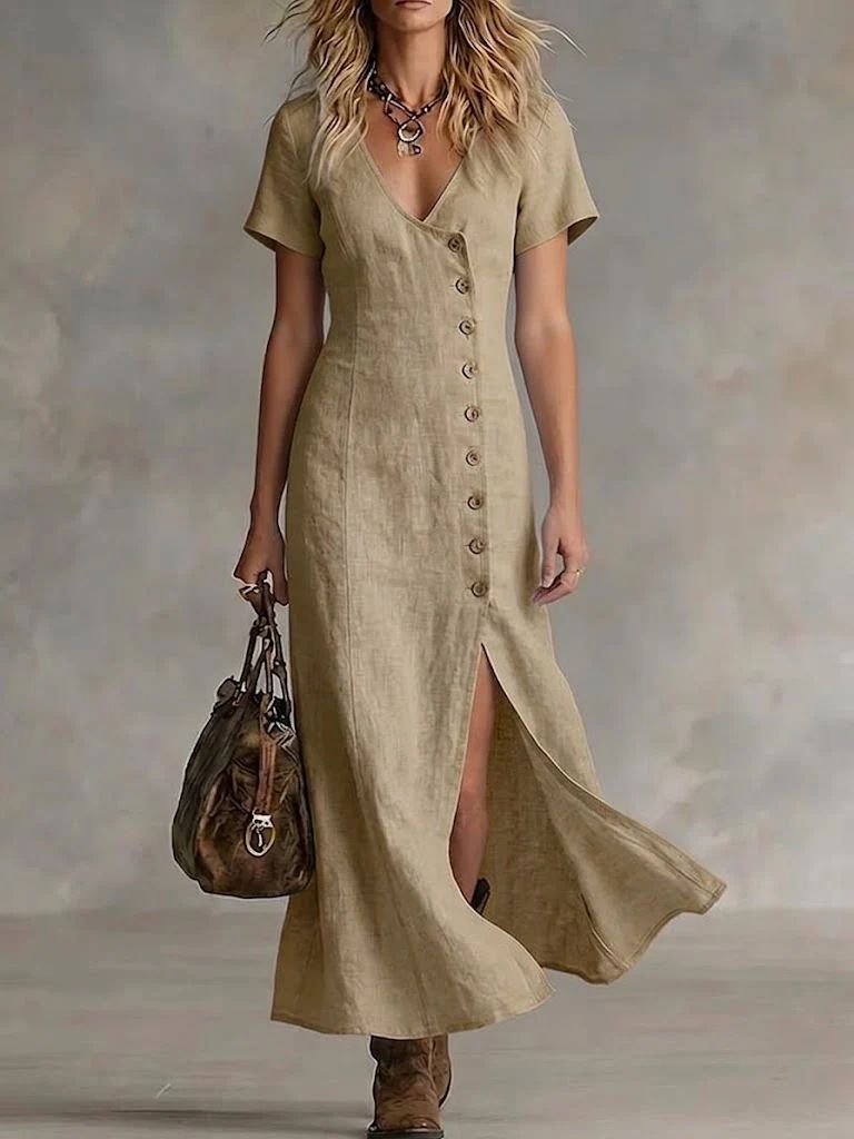 Spring/Summer Long Dress Casual Cotton Linen Fashionable Button Detail Short Sleeve American Style Wholesale_ecoleips.com