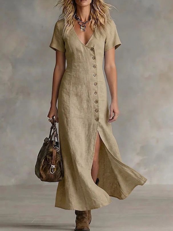 Spring/Summer Long Dress Casual Cotton Linen Fashionable Button Detail Short Sleeve American Style Wholesale_ecoleips.com