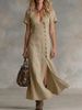 Spring/Summer Long Dress Casual Cotton Linen Fashionable Button Detail Short Sleeve American Style Wholesale_ecoleips.com