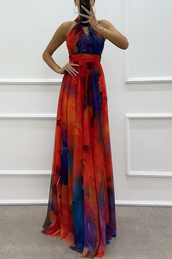 Women's Clothing Sleeveless Printed Lace Up Dress Fashionable Large Swing Halter Neck Round Neck_ecoleips.com