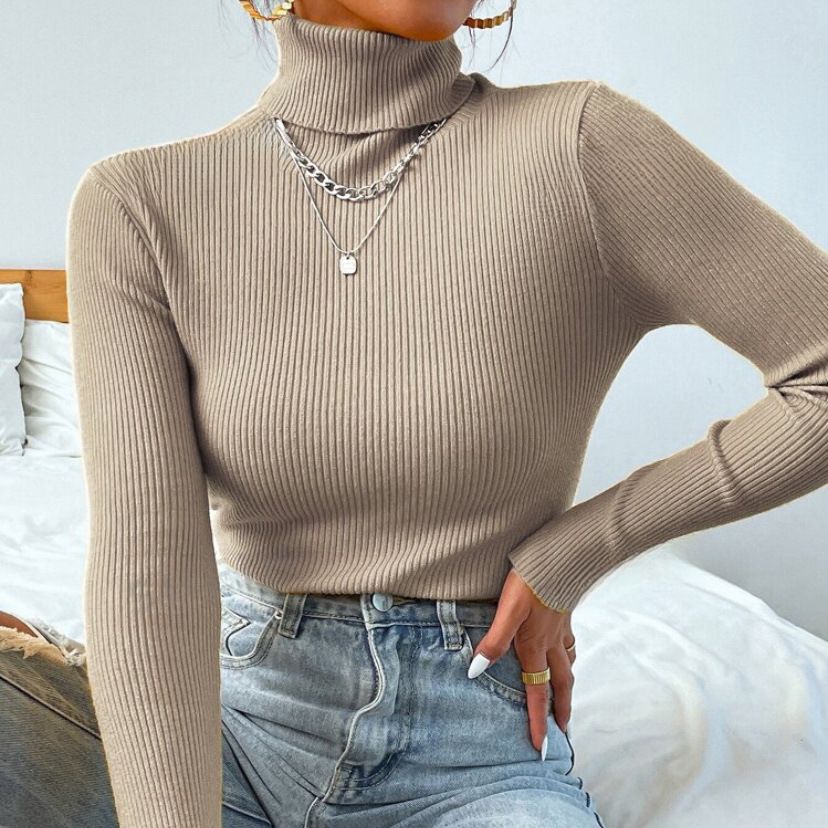 Women's Slim Fit High Neck Knitted Sweater Pullover - Soft Stretch Casual Long Sleeve Tops For Fall Winter (20 Colors, S-4XL)_ecoleips.com