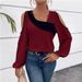 2025 Spring And Autumn New Off-Shoulder Patchwork Pullover Asymmetric Neck Long Sleeve Loose Women's Shirt_ecoleips.com
