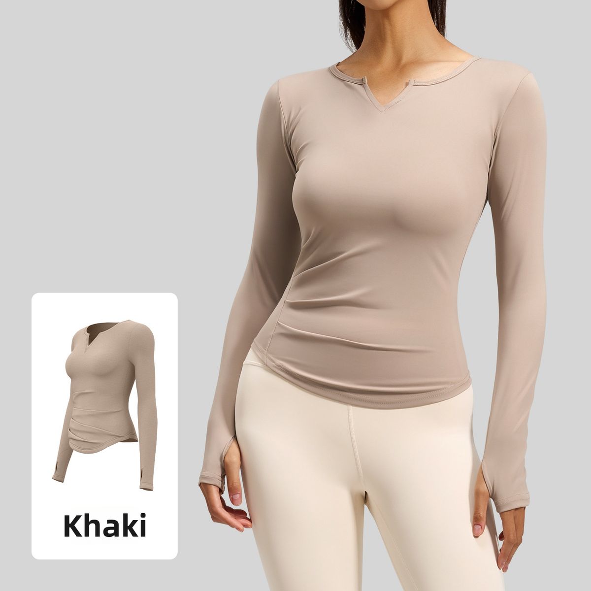 Women's V Neck Long Sleeve Yoga Top Nude Color Pleated Slimming Waist Fitness And Sports Tight Fit Clothing_ecoleips.com