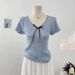 Women's Clothing Sweet And Cute Bow Tie Hollow Short Sleeved Knitted Sweater Slimming Tops_ecoleips.com