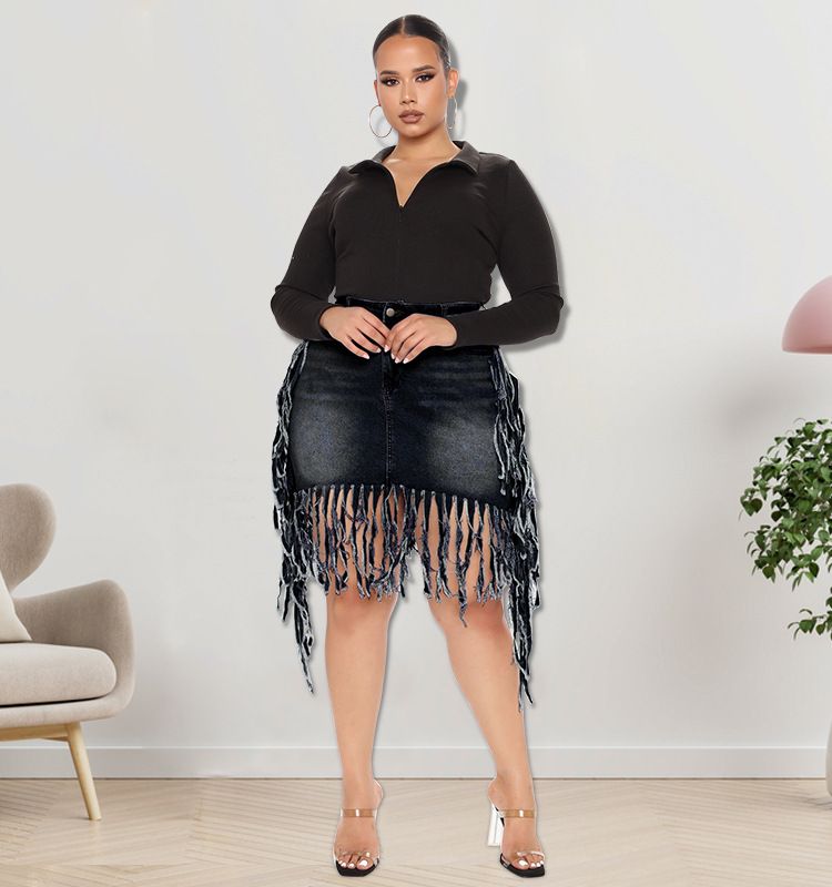 Plus Size Denim Mini Skirt With Fringe, High Stretch Washed Cotton Short Skirt For Women_ecoleips.com