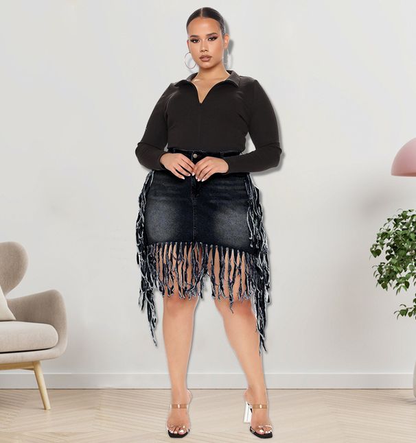 Plus Size Denim Mini Skirt With Fringe, High Stretch Washed Cotton Short Skirt For Women_ecoleips.com