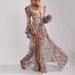 Women's Clothing Fashion Sexy Printed Lantern Long Sleeved V Neck Slit Dress Mp 698_ecoleips.com