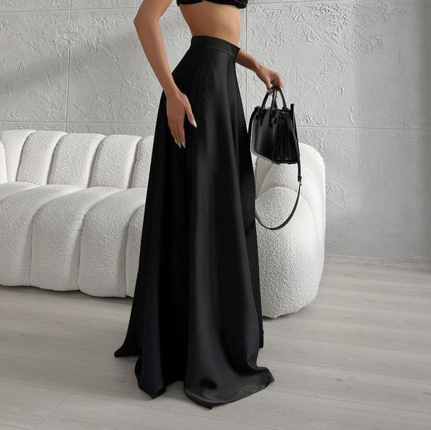 Sexy Temperament Black Fashion Acetate Satin Satin High Waist Loose Floor Length Skirt Casual Skirt_ecoleips.com