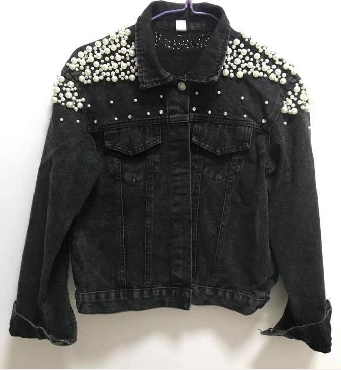 Women's Embroidered Denim Jacket With Beads & Pearls – Oversized Casual Coat, Comfortable & Stylish, S-5XL (Black/Blue)_ecoleips.com