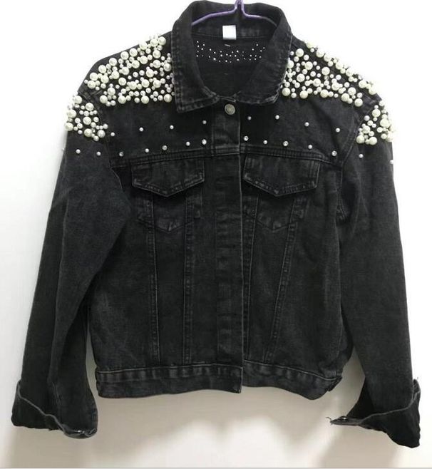 Women's Embroidered Denim Jacket With Beads & Pearls – Oversized Casual Coat, Comfortable & Stylish, S-5XL (Black/Blue)_ecoleips.com