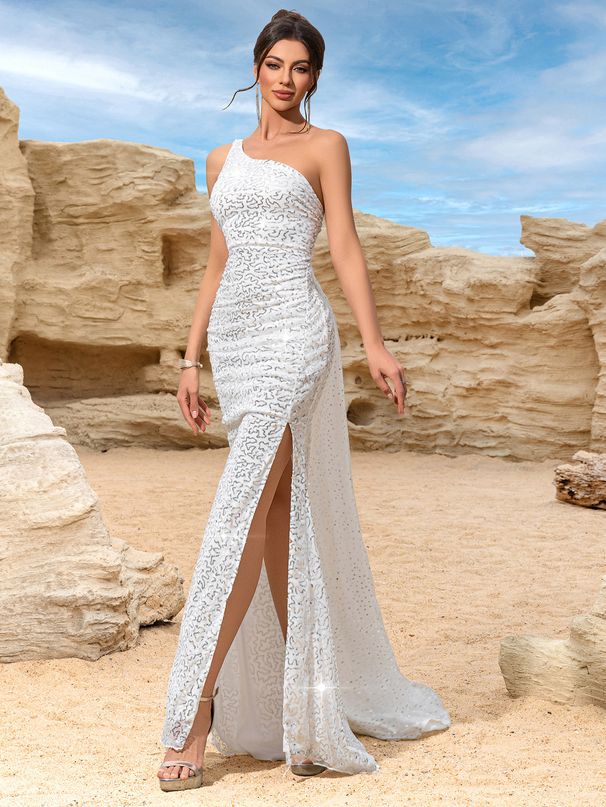 Women’s Clothing White Sequined One Shoulder High Waist High Slit Wedding Bridesmaid Dress Evening Dress Long Dress_ecoleips.com