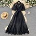 Women's French Romantic Style Puff Sleeve Lace Dress Belted A-Line Long Skirt Breathable Elegant Summer Dress Skin Friendly_ecoleips.com