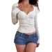 Women's Solid Color Short Slim Fit Base Layer Sweater Round Neck Button Design_ecoleips.com