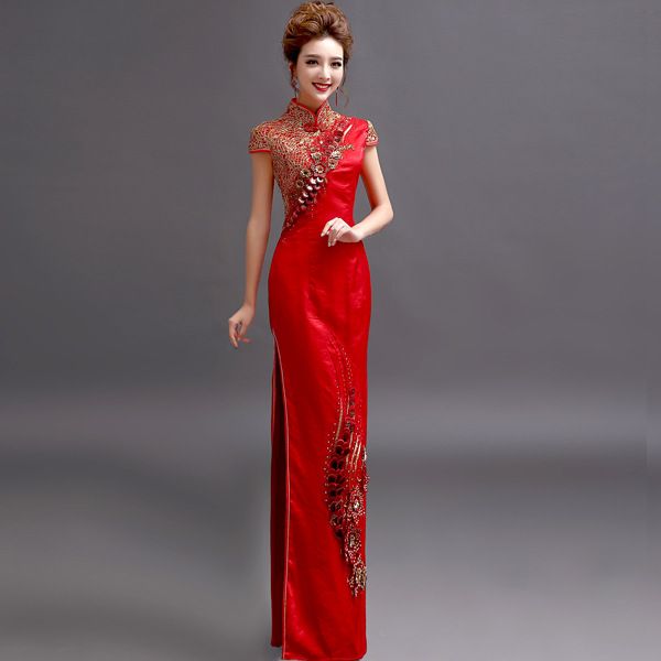 Elegant Red & Gold Lace Qipao For Brides – Floral Embroidery Wedding Cheongsam With Mandarin Collar, Slim Fit Evening Dress For Banquet & Performance_ecoleips.com