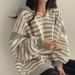 Korean Style Women's Cotton Sweatshirt V-Neck Striped Hooded Pullover Fleece Lined Casual Thin for Spring Autumn Winter_ecoleips.com