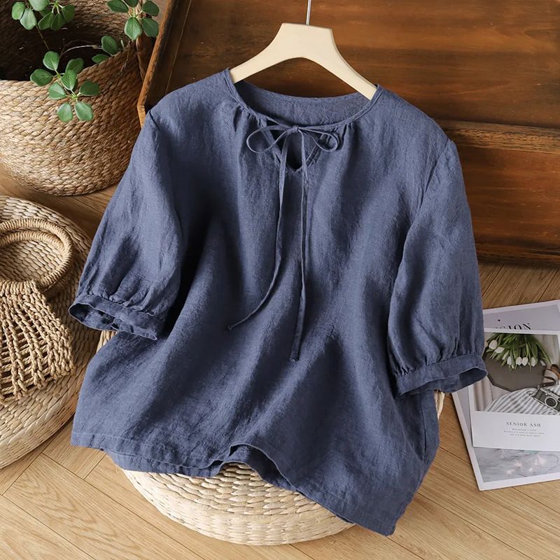 Summer Collar With Tie; Solid-Color Lantern-Sleeved Cotton-Linen Short-Sleeved Top For Women Loose-Fitting, Casual, Ar_ecoleips.com