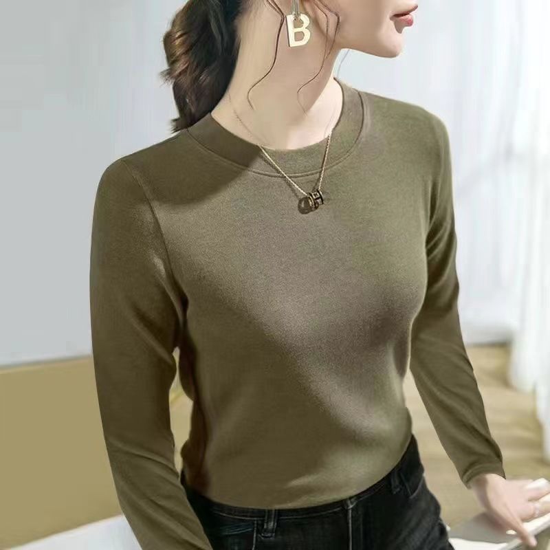 Autumn And Winter New German Velvet Slim-fitting Long-sleeved T-shirt Women's Warm Large-size Foreign-style Bottoming Shirt Solid-color Slim Top_ecoleips.com