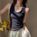 Women's Ribbed Cotton Sleeveless Camisole Pleated Waist Cinching U Neck Top Can Be Worn as an Inner Or Outer Layer_ecoleips.com
