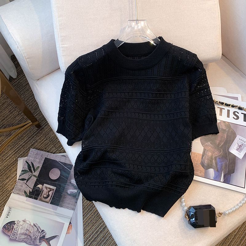 Women's Clothing Real shot of new summer design round neck short sleeve slim T shirt thin ice silk sweater for women_ecoleips.com