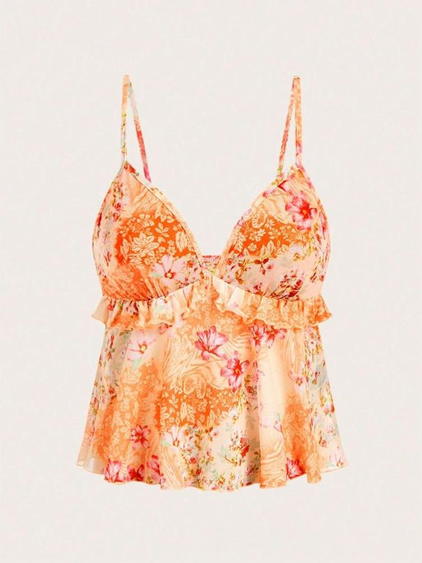 Women's Clothing New Sexy Holiday Style Printed Semi Transparent Ear Edge Sleeveless Suspender Top_ecoleips.com