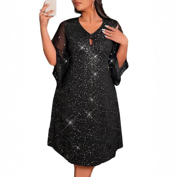 Glamorous Plus Size Party Dress – Sparkly Mesh & Pearl Embellished Elegant Midi Dress For Women (Stretchy Polyester Blend)_ecoleips.com