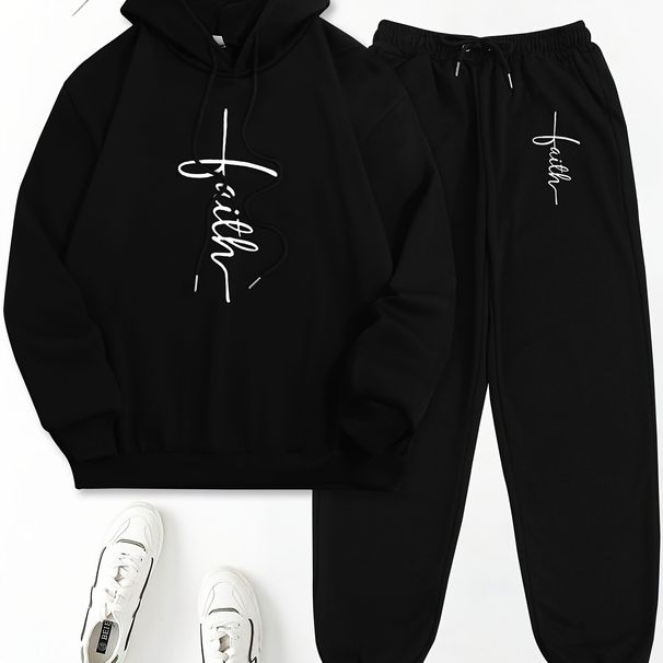 Women's Autumn/Winter Casual Fashion Faith Cross Pattern Printed Thick Fleece Warm Hoodie+Sports Pants Set-724_ecoleips.com