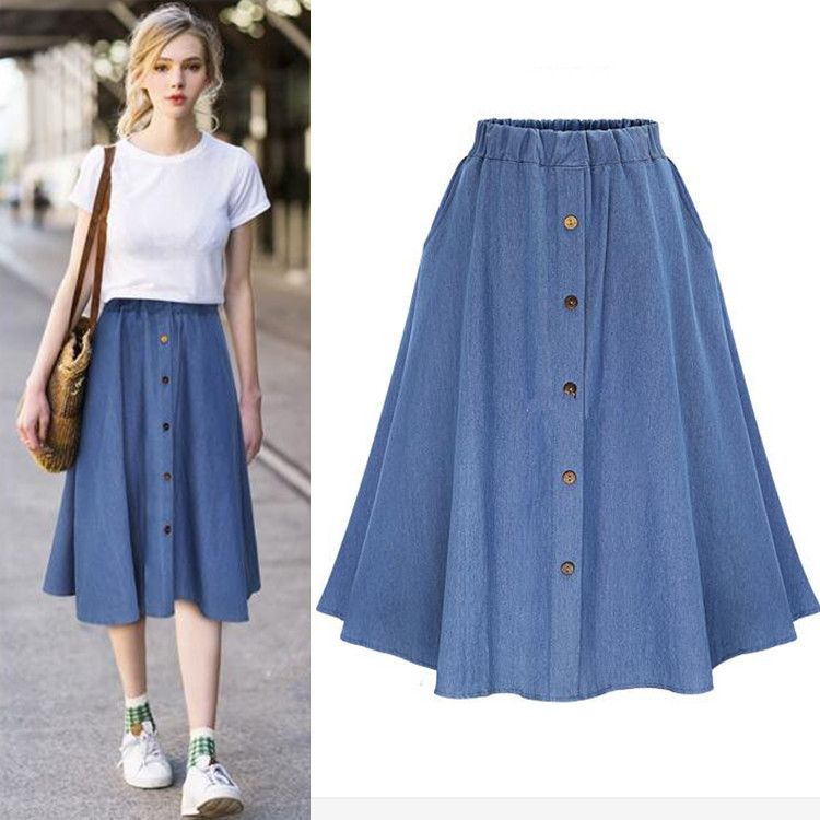 Denim A-Line Midi Skirt – Adjustable Button & Elastic Waist (M/Xl/Xxl, Light Blue & Dark Blue) Breathable Denim_ecoleips.com