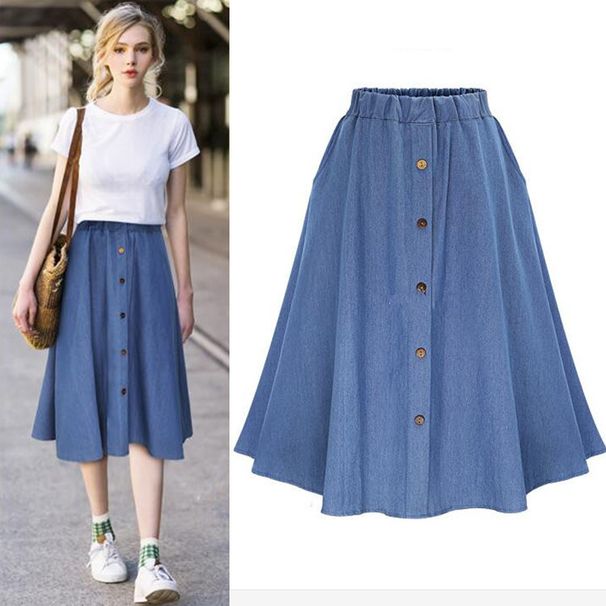 Denim A-Line Midi Skirt – Adjustable Button & Elastic Waist (M/Xl/Xxl, Light Blue & Dark Blue) Breathable Denim_ecoleips.com