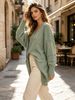 Sage Green V Neck Pit Rib Knit Tunic, Oversized Loose Lightweight Breathable Soft Skin-touch Pocket Long Sweater_ecoleips.com