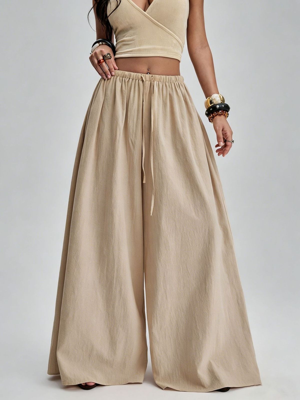 Women's Solid Color Drawstring Waist Casual Pants Spring Summer New Loose Wide Leg Comfortable Fit Trousers_ecoleips.com