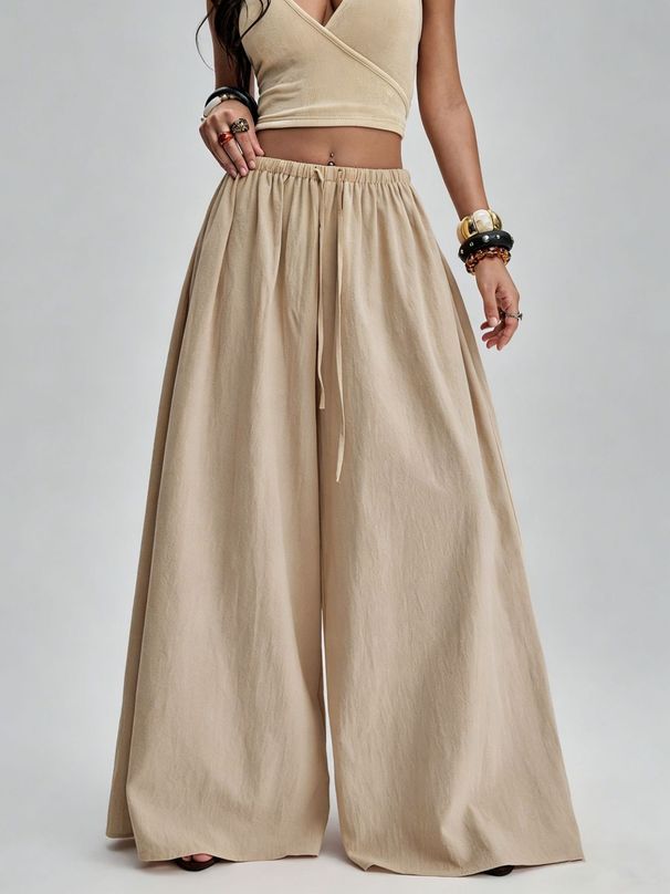 Women's Solid Color Drawstring Waist Casual Pants Spring Summer New Loose Wide Leg Comfortable Fit Trousers_ecoleips.com