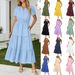 Women's V Neck Puff Sleeve Dress Ruched Short Skilled Full Skirt Spliced Long Style_ecoleips.com
