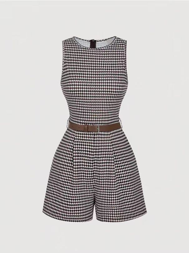 Summer Lace Vest Dress for Women Plaid Print Pleated Skirt Waist Cinching Belt round Neck Sleeveless European American Style_ecoleips.com