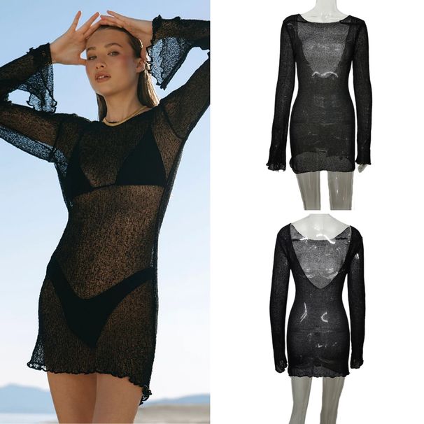 Absobe Women Hollow Knit Sheer Beach Mini Dress Backless Bell Sleeve Ruffle Cover-Up Sexy Vacation Summer Pool Vacation Outfit_ecoleips.com
