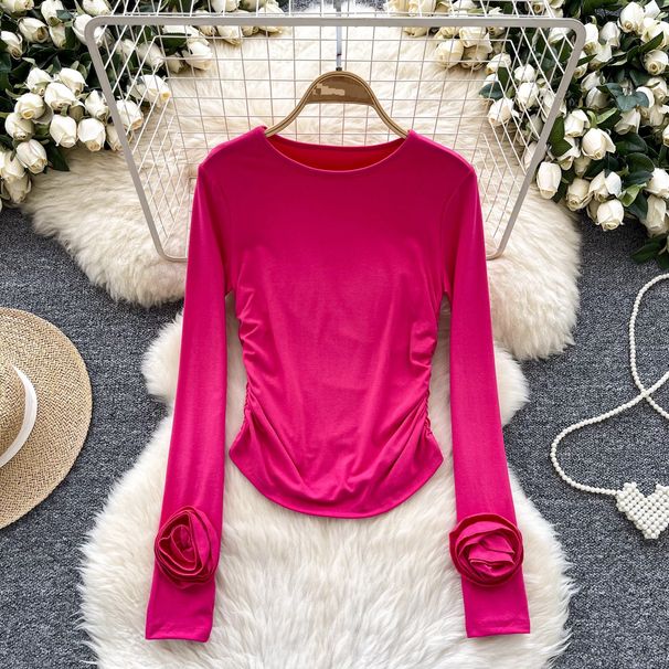 Women's Clothing long sleeved round neck T shirt for women in autumn with three dimensional flowers, pleated slim fit design, bottoming shirt top_ecoleips.com