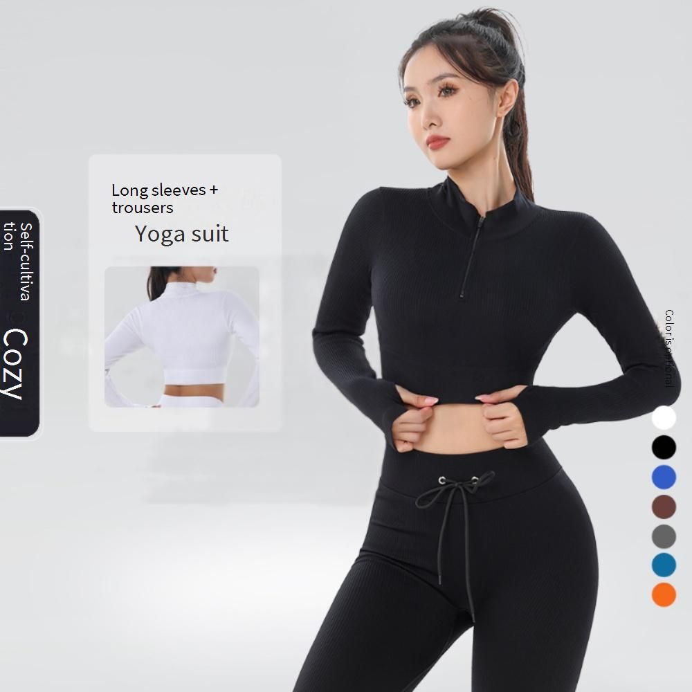 Women's Clothing Yoga Suit Two Sexy Fitness Wear Sports Long Sleeve Striped Solid Color High Waist Striped Trousers_ecoleips.com