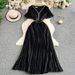 Elegant V Neck Rhinestone Embellished Dress With Short Sleeves Waist Cinching Slimming Pleated Long Skirt For Sophisticated Women_ecoleips.com