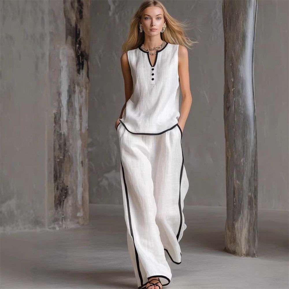 2027 Summer Fashion European-USA Style Women O-Neck Sleeveless T-Shirt + Elastic Waist Wide Leg Pants Two-Piece Casual Sets_ecoleips.com